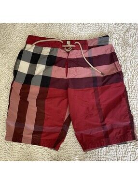 Authentic Y2K Burberry Brit Nova Check Red Swim Trunks Board Shorts S *READ*